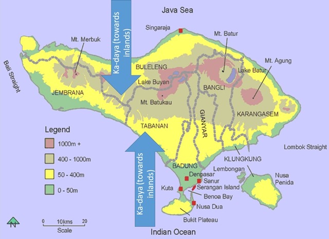 南巴厘島的kaya（ka-daya）是北方（向陸）。在北巴厘島則kaya是南方。